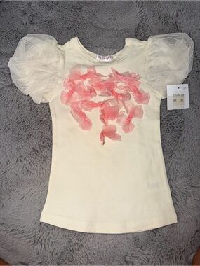 JustFab Cream Top with Pink Ribbon Heart and Puff Tulle Sleeves